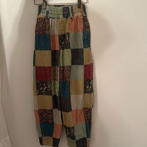 Patch work, corduroy pants,teens,xs,cinch waist,tapered leg,boho,cottage core